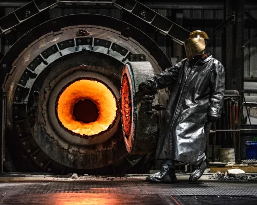 Brennofen mit Person im Schutzanzug